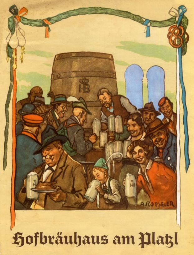 Plakat für ein Bierfest in Deutschland mit Menschen, die Biergl├Ąser halten und einen Fass im Hintergrund, mit deutschem Text unten.