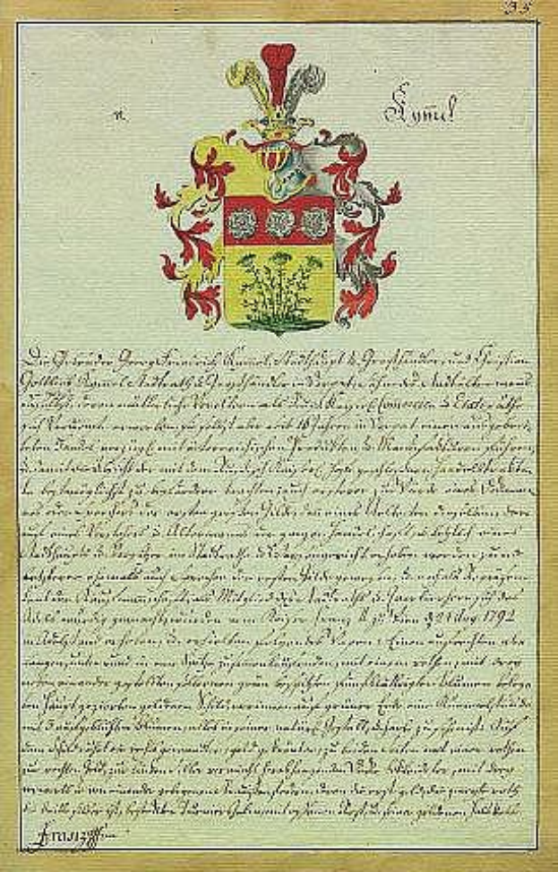 Rahmung eines historischen Dokuments aus dem Jahr 1792 mit einem deutschen Familienwappen, unterschriebener Text und einem Logo.