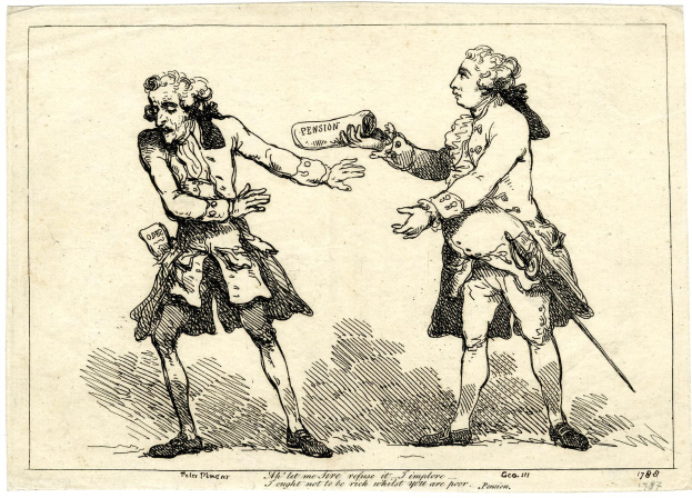 Zwei Männer in Renaissance-Kleidung, einer hält ein Papier mit dem Wort "Pension" am unteren Rand.